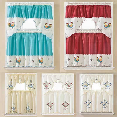 3-Pc Embroidered Rod Pocket Kitchen Curtain Window Tiers And Swag Valance Set  • $19.99