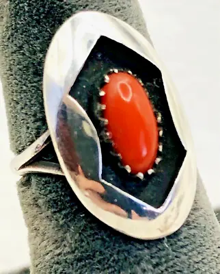 Vintage OLD PAWN Sz 4.75  Navajo Silver And Coral Shadowbox Ring • $45