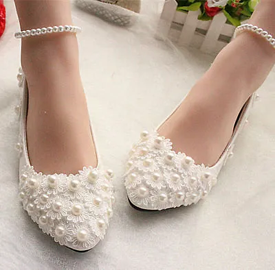 Lace Flowers White Ivory Wedding Shoes Bridal Flats Low High Heel Pump Size 3-10 • £29.18