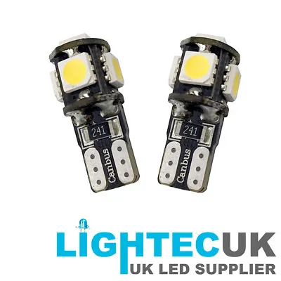 2x BRIGHT PURE WHITE 5 SMD 501 T10 W5W CANBUS ERROR FREE INTERIOR LED SIDE LIGHT • £5.23