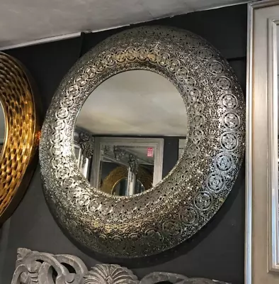 Large Moroccan Design Round Wall Mirror Champagne/Silver Metal Frame Style 91cm • £189.99