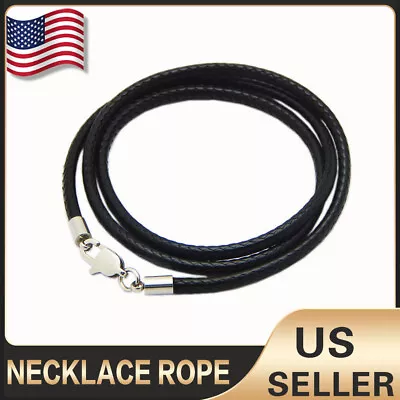 Black Woven Necklace Rope Leather Cord Stainless Steel Men Women Lobster Clasp • $4.98