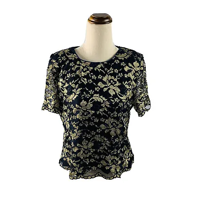 Geoff Bade Womens Vintage Lace Blouse Dark Blue Navy Gold Size 12 Shoulder Pads • $3.86