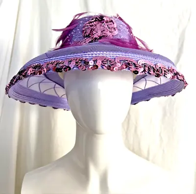 Wild Lavender Womens Faux Straw Hat Sequins & Purple Feathers  Sz. Ave.Med.21.5  • $24.99