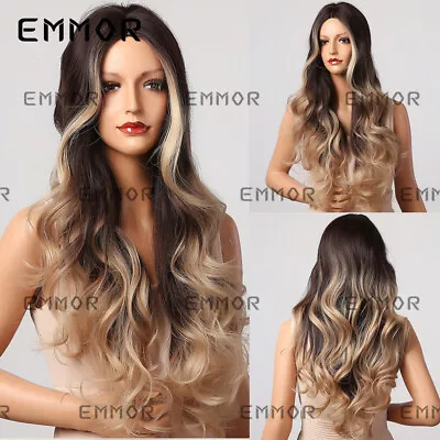 Curly Ombre Women Wig Synthetic Long Blonde Middle Part 24  Brown Hair Wave • £19.89