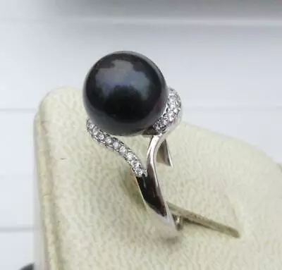 Stunning Natural AAA 10-9mm Tahitian Black Pearl Ring Size Adjustable 925S • $27.99