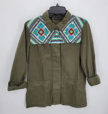 $25.59 • Buy Zara Trafaluc Jacket Womens Medium Olive Green Boho Beaded Southwest Safari