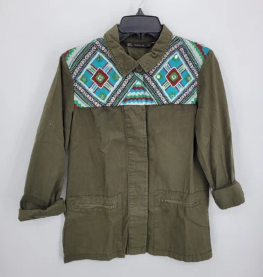 Zara Trafaluc Jacket Womens Medium Olive Green Boho Beaded Southwest Safari • $16.22