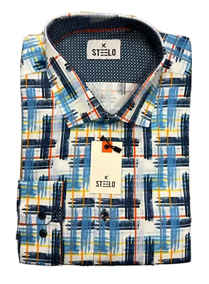 Men STEELO COLORFUL WHITE Long Sleeve Button Up Dress Shirt SILKY ABSTRACT SLS-2 • $14.95