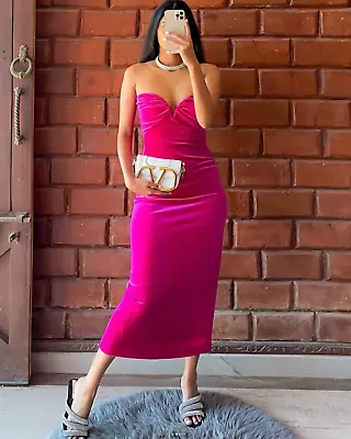 ZARA VELVET BODYCON MIDI DRESS Size M UK 10-12 Hot Pink STRAPLESS Fuchsia BNWT • £19.99