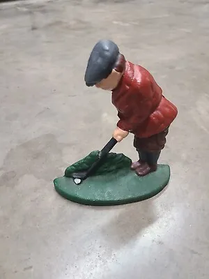 Vintage Cast Iron Door Stop Golf Golfer Wearing Red Coat • $19.08