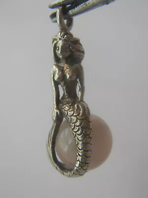 Vintage 3-D Engraved Sterling Silver 925 Mermaid On Pink Marble Pendant • $39.99