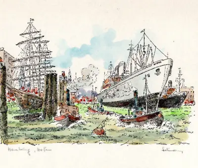 Steam Engine White Star Ship Clipper Dock Boat Watercolor Print Signed 8.25x10.5 • $24.99