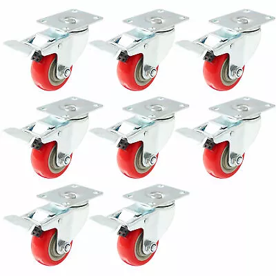 8 Pack 3 Inch Caster Wheels Swivel Plate With Brake Red Polyurethane PU • $37.99