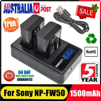 $27.49 • Buy 2X 1500mAh NP-FW50 Battery + LCD Dual Charger For Sony Alpha A5000 A6000 A7 A7R