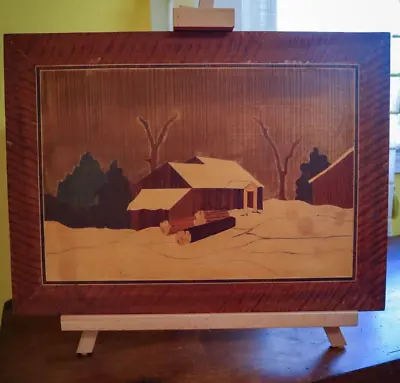 Vtg Wood Inlay Marquetry Picture Wall Art Winter Woods Cabin Cottage Cozy MCM • $39.75