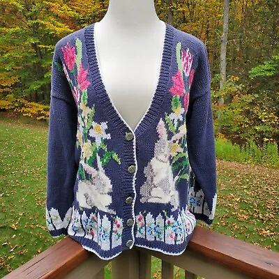 Design Options Easter Egg Cardigan Sweater Large Furry Bunny Rabbit Fence Vtg • $99.95