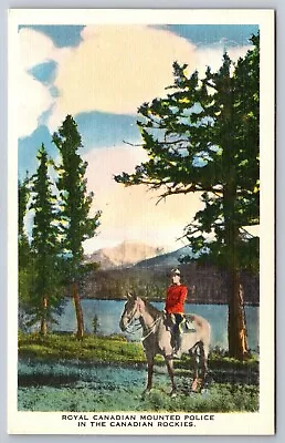 Postcard Royal Canadian Mounted Police In Rockies Canada - Linen • $4.50