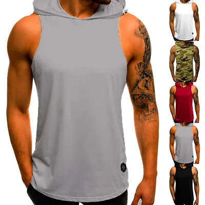 Male Muscle Vest Hooded Sleeveless T-shirt Fitness Gym Sport Tank Top Singlets . • £10.31