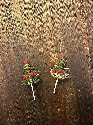 VTG Kitsch Plastic Christmas Tree Cupcake Decoration Floral Centerpiece Picks 3” • $20