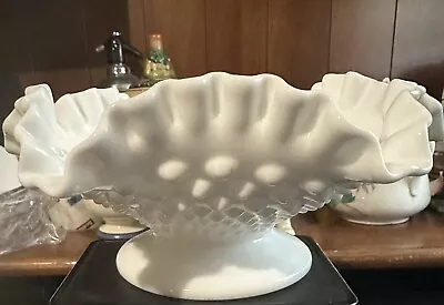 Vintage Fenton Hobnail White Milk Glass 8  Ruffled Edge Footed Bowl MCM • $9