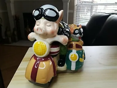 Cookie Jar Pig On Motorcycle W French Bulldog In Side Car By  Holiday Times. • $25