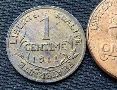 1911 France 1 Centime Coin AU+ ( 5 Million Minted )      #L01 • $15.90