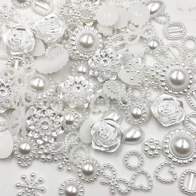 200 Pearl Mixed Shapes Charms Shabby Chic White Hearts Bows Stars Ring Snowflake • £6.99