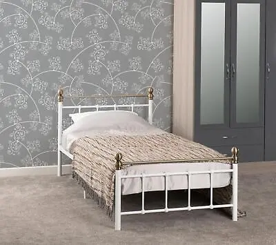 Single Bed Frame Metal 3ft Bedstead Marlborough Modern White/Antique Brass • £130.99