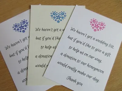 50 White Or Ivory Wedding Poem Cards Money Gift Honeymoon Coloured Heart Design • £4.25