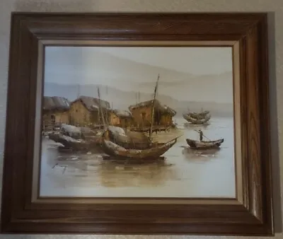 Vintage P. Wong Junk Boats In Harbor Signed Oil Painting 20  X 16  Canvas Framed • $199.99