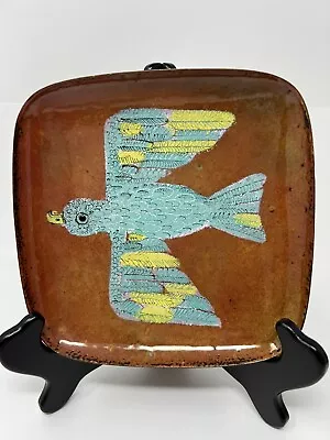 Vtg Mid Century Blue Bird In Flight Enamel On Copper Square Decor Plate 6 3/4” • $75