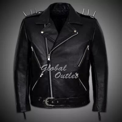 Men's Ghost Rider Black Metal Spikes Motorcycle Real Leather Biker Jacket New • $138.99