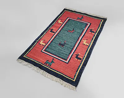 Vintage Flatwoven Gabbeh Persian Rug – Blue Red Green W/ Goats – 125 X 80cm • £99