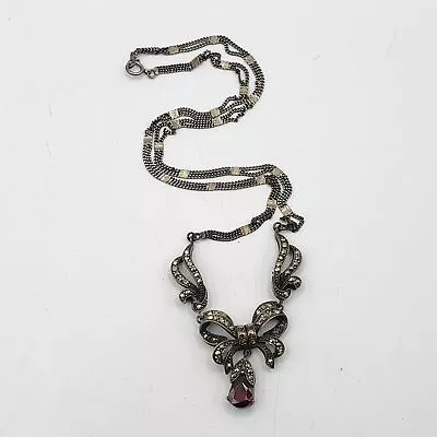 Vintage 925 Sterling Silver Garnet & Marcasite Bow Pendant Chain Necklace • $26