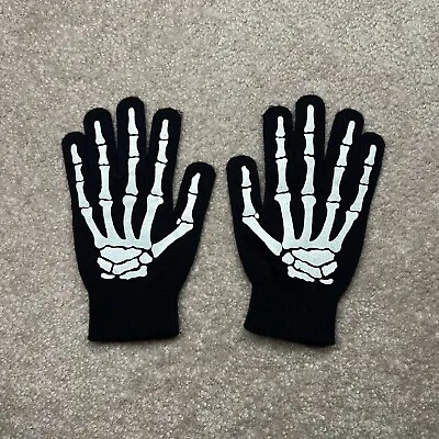 Goth Winter GLOW SKELETON HAND BONE GLOVES Black/White Stretch Knit-ADULT Unisex • $18