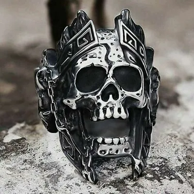 Mens Stainless Steel Gothic MC Biker Skull Crown Ring Black Men Size 7-15 Gift • $7.99