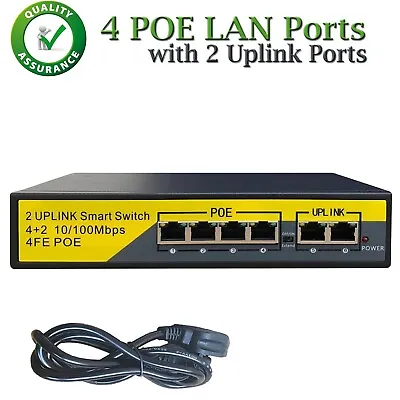 4CH POE Switch With 2 Uplink Ports 4 Port Power Over Ethernet LAN Network HUB UK • £23.50