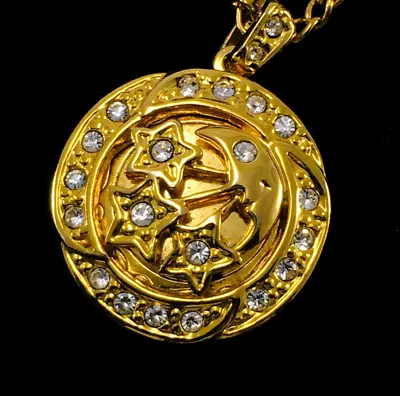 Gold Tone Heart Round Locket Necklace With White Rhinestones Moon And Stars. • $23.40