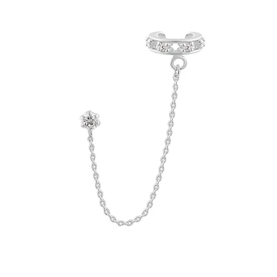 £19 • Buy Sterling Silver Double Chain CZ Ear Cuff Stud Earring