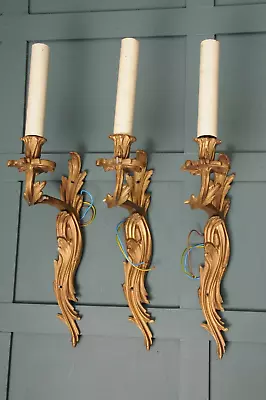 3 X VINTAGE Wall  Lights ANTIQUE GOLD ELECTRIC CANDLE SCONCE Faux Carved Wood • £110