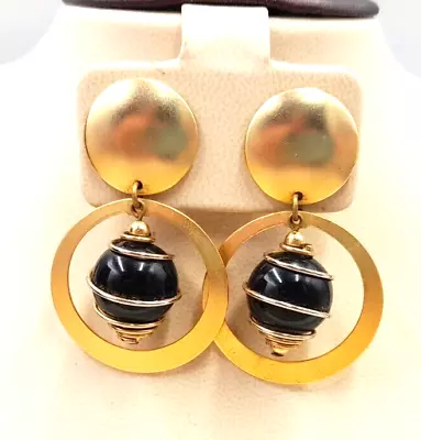 Vintage 1990's Gold Tone Black Wired Bead 2  Dangle/ Drop Doorknocker Earrings • $18.20