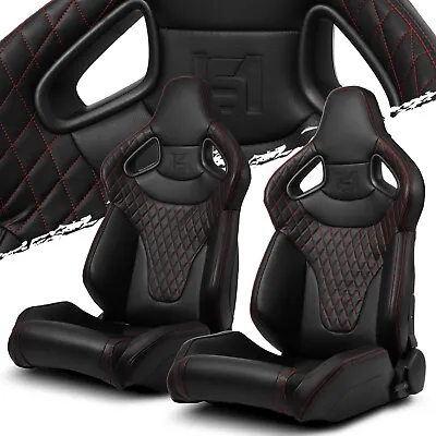 Black W/Red Stitching C-Series PVC Reclinable Left/Right Racing Seats Pair • $357.38