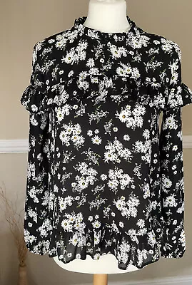 VGC Black Floral Daisy Print Blouse Top - New Look - Size 10 • £3.99