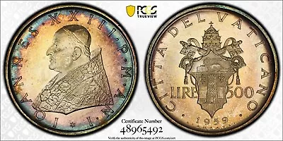 1959/I Vatican City 500 Lire PCGS MS 64 Silver Mintage = 30000 - Nice Toning • $10