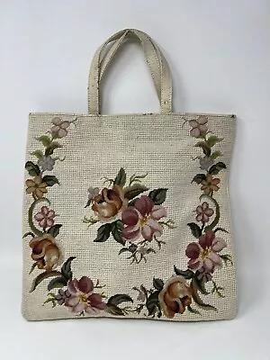 Vintage Purse Petit Point Cream Floral Needlepoint Hand Tote Bag Mlle Juni • $14.99