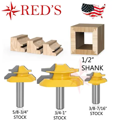 REDS Y76875-8 - 3 Piece Set 45 Degree Lock Miter Joint Router Bit Set 1/2  Shank • $34.99