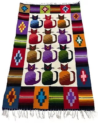 $59.95 • Buy Woven Wool Cat Tapestry Wall Hanging Rug Colorful Southwestern Style 22”x34”