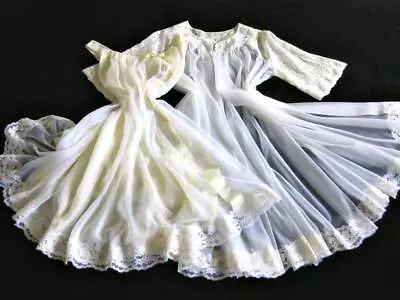 Vintage Shadowline Chiffon Layer Peignoir Set Nightie + Robe S/M White/Lemon • £110