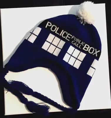 Dr Who TARDIS Hat/ Beanie Ear Flaps Men Winter Hat Blue White Ball  Made 2009 • $8.95